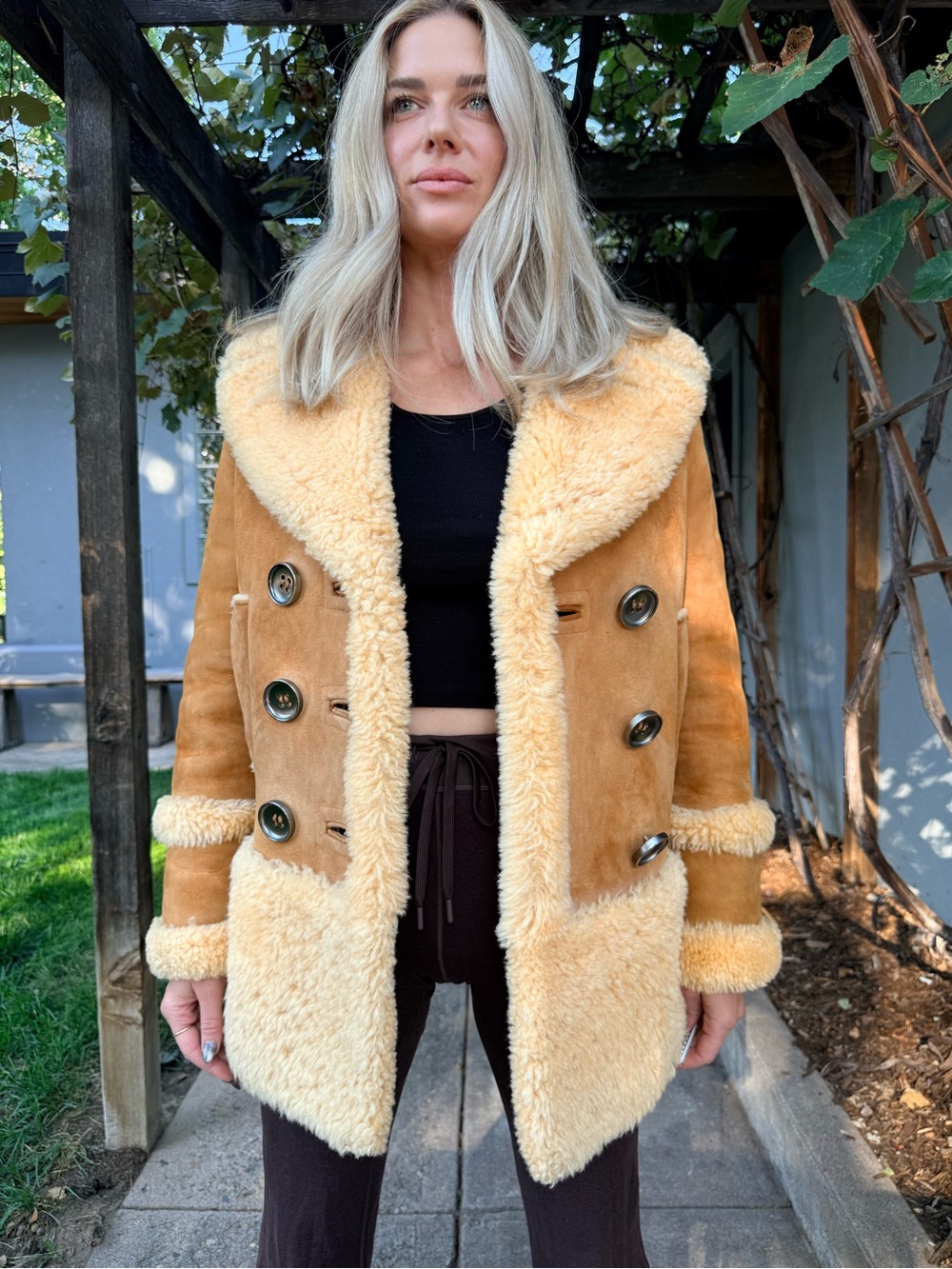 Coach Tan Suede Teddy Shearling Coat with Cream Trim